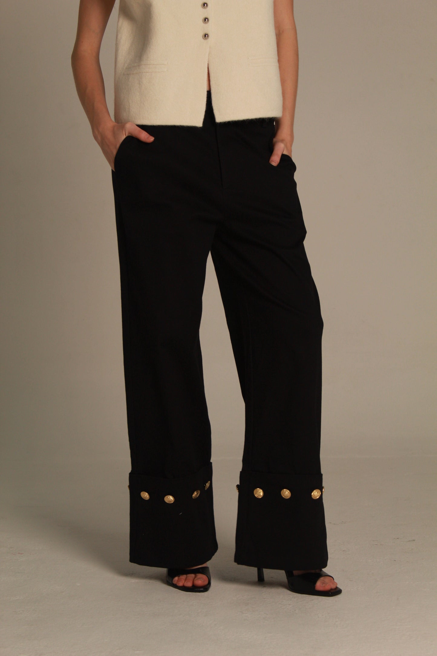 Noir Wide Leg Pants — Gold Button Cuff