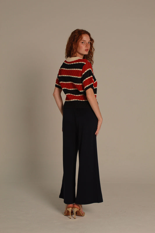 Sailor Knit Polo Top — Red Navy & Ivory Stripe Short Sleeve