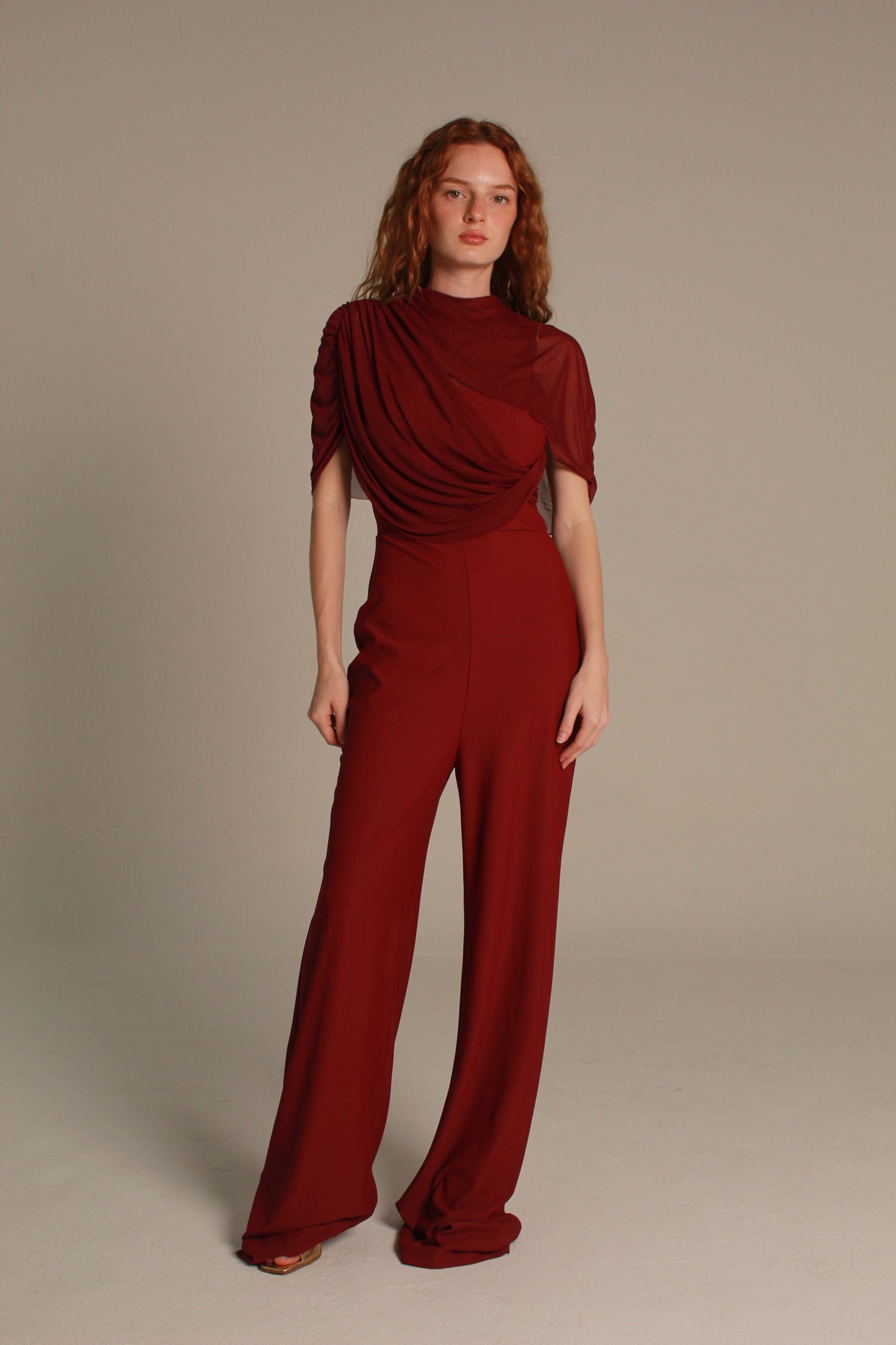 Rouge Jumpsuit — Burgundy Draped Overlay