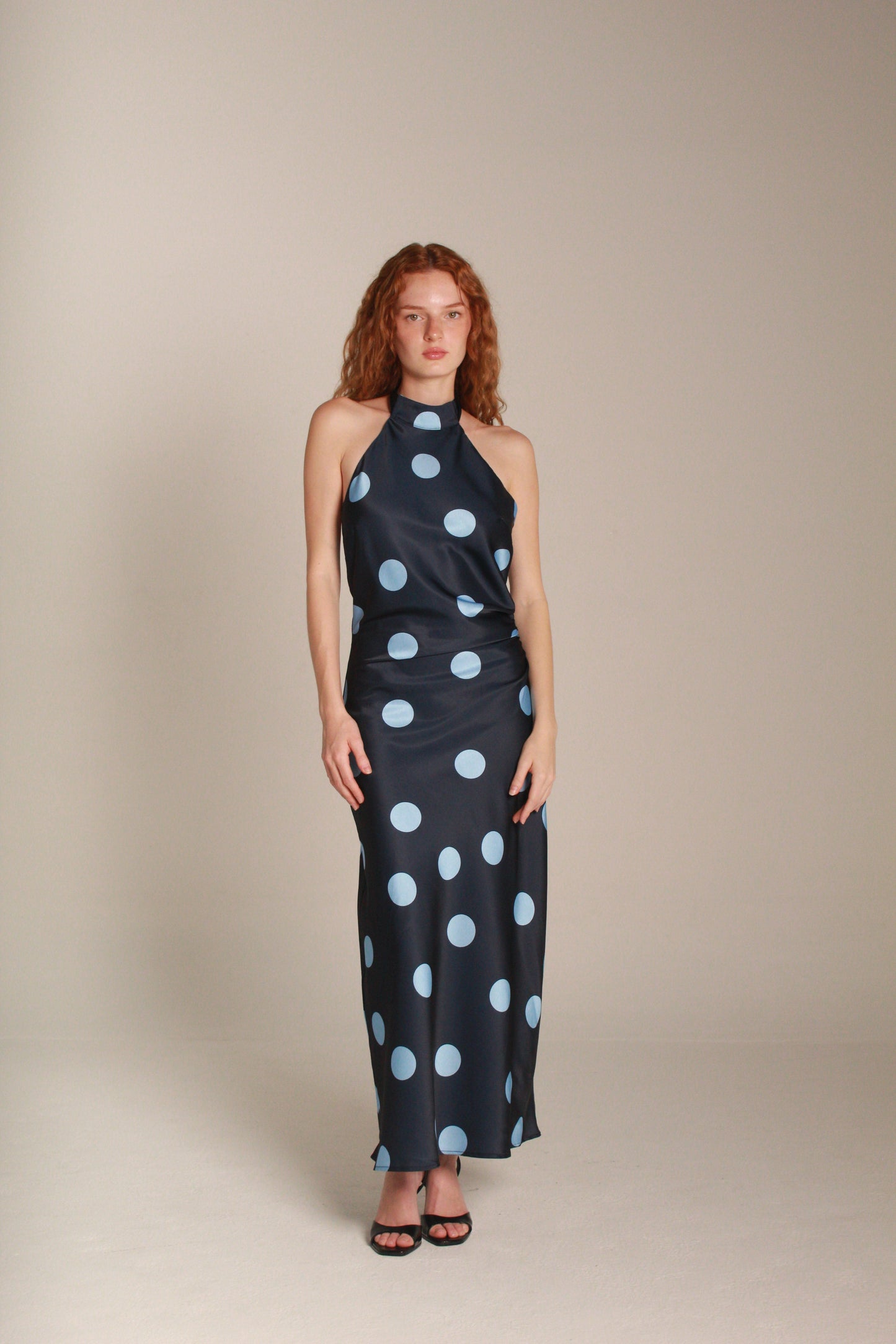 Luna Maxi Dress — Navy Blue & Sky Blue Polka Dot