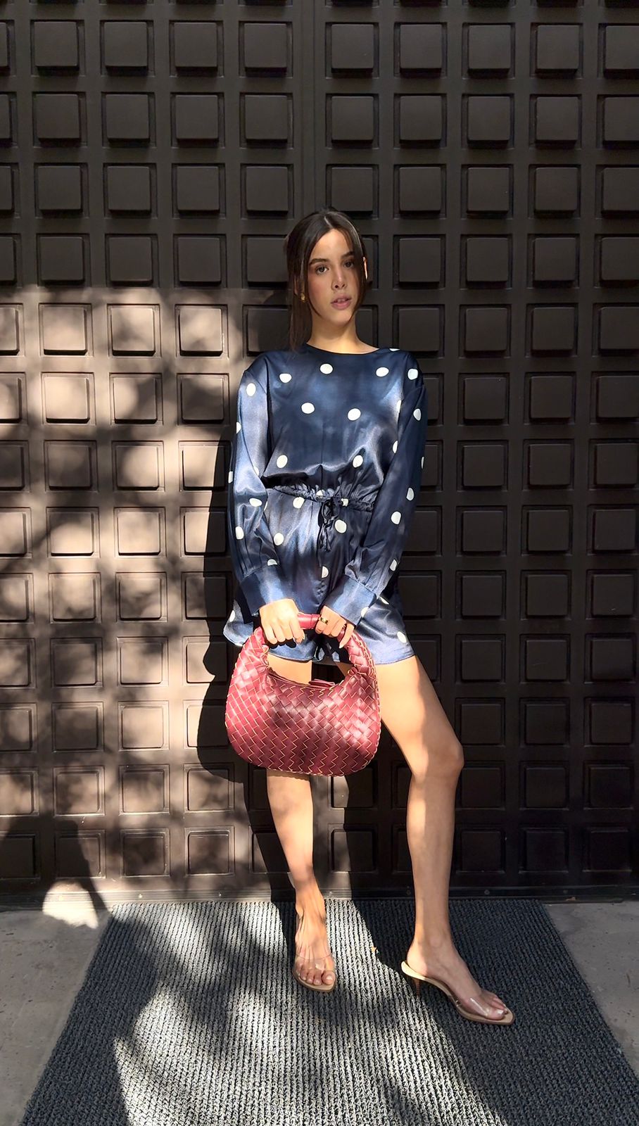 Blue romper with white polka dots