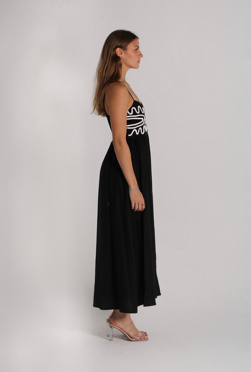 Long black dress with beige embroidery