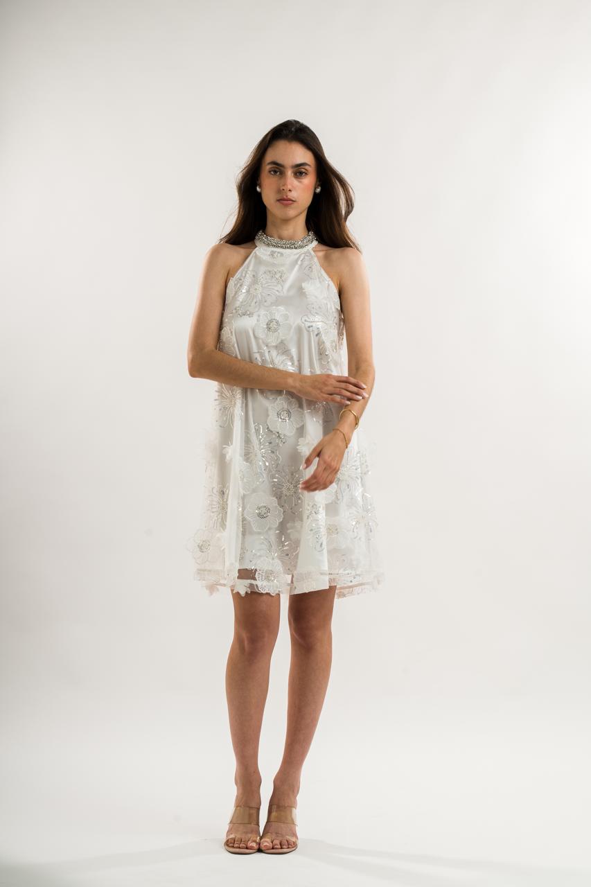 White Halter Dress With Silver Flowers