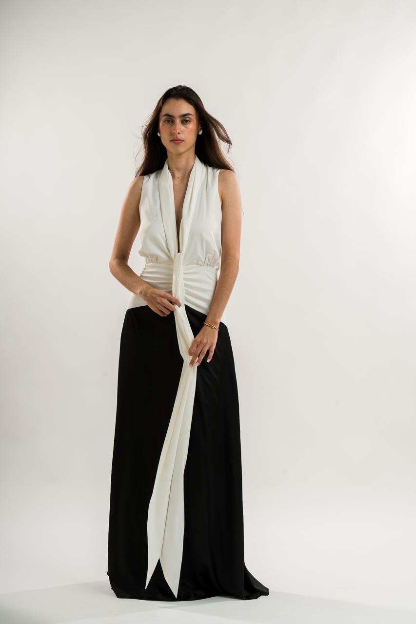 WHITE JUMPSUIT WITH BLACK SATIN