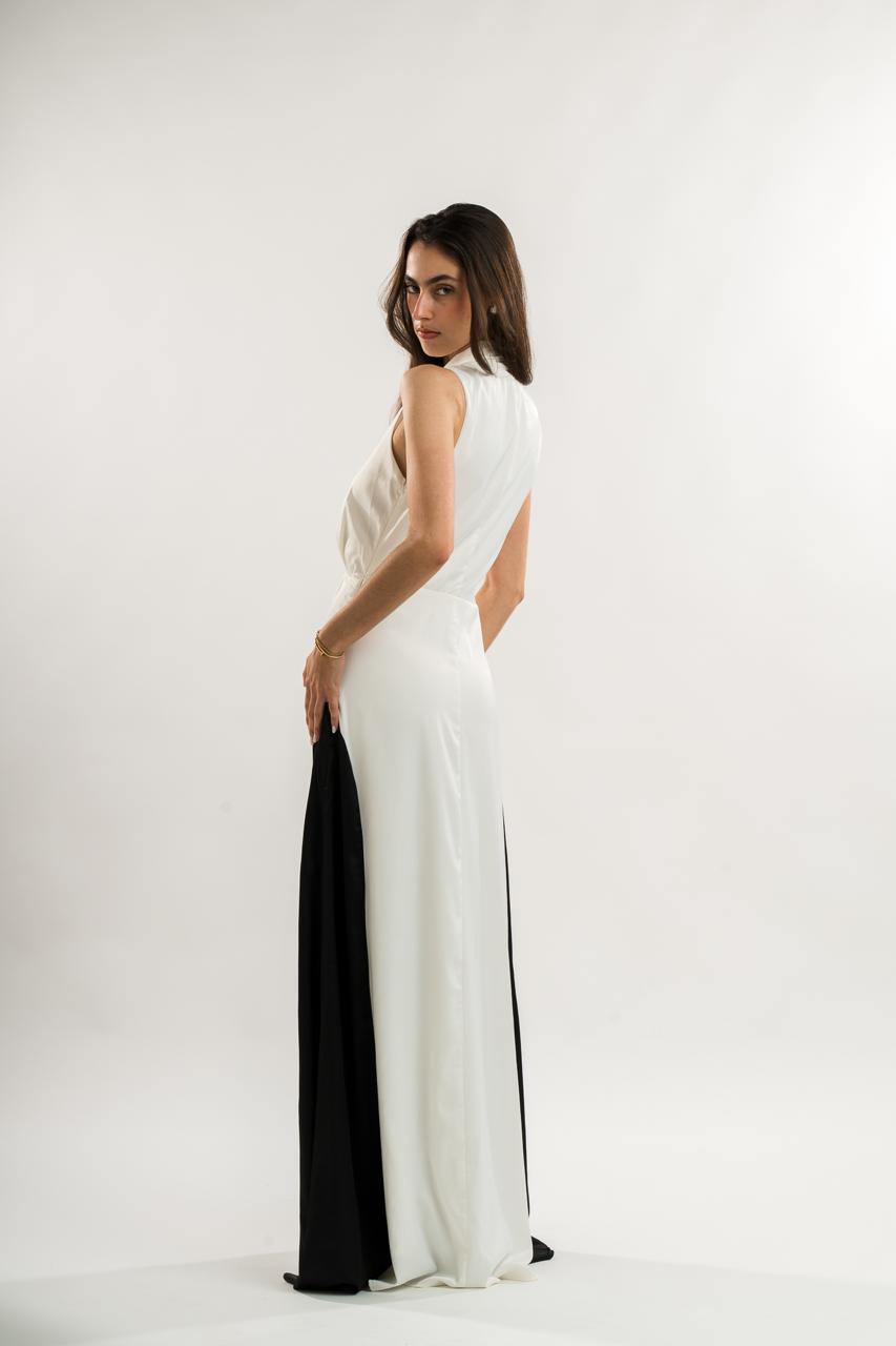 WHITE JUMPSUIT WITH BLACK SATIN