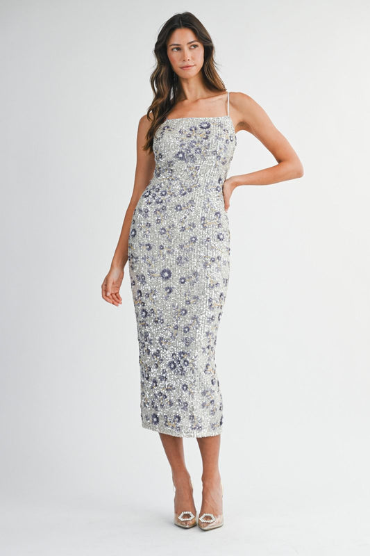 SILVER SEQUIN DRESS WITH LILAC FLOWERS