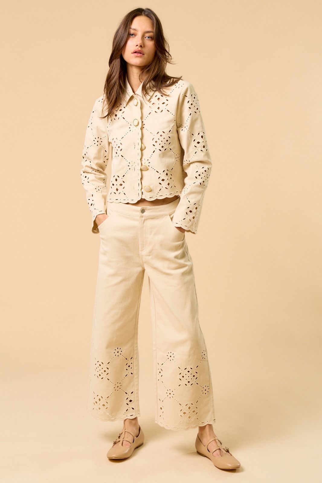Beige Pants with Guipure Lace