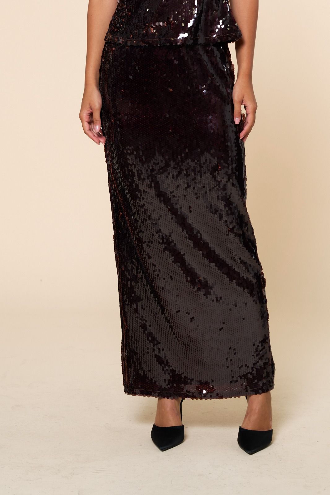 Long Wine-Colored Sequin Skirt