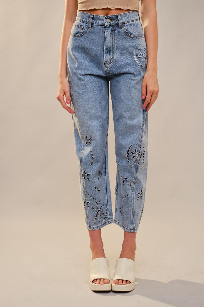 High-Waist Mom Jeans with Floral Laser Cut-Outs