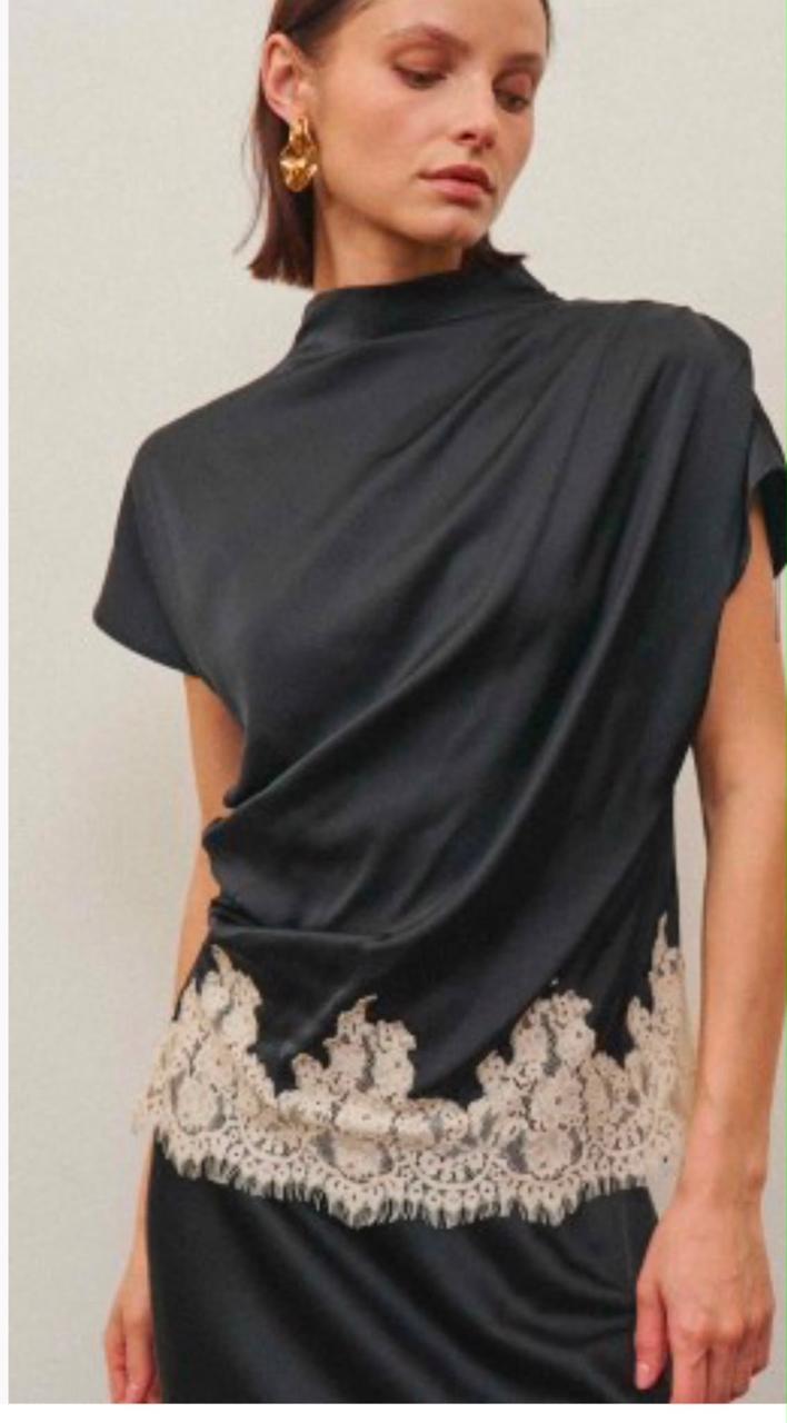 Camille Satin Lace Hem Top — Black & Ivory