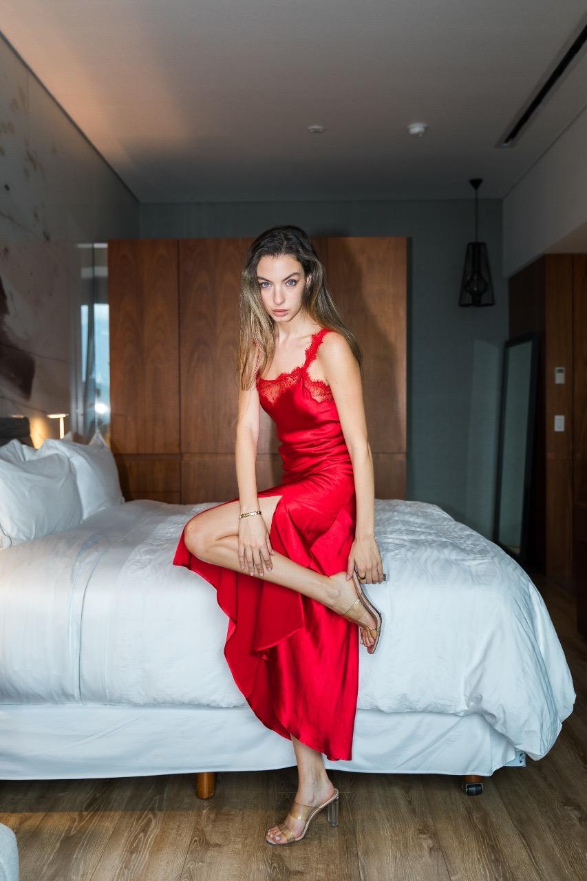 Red Satin Dress With Lace