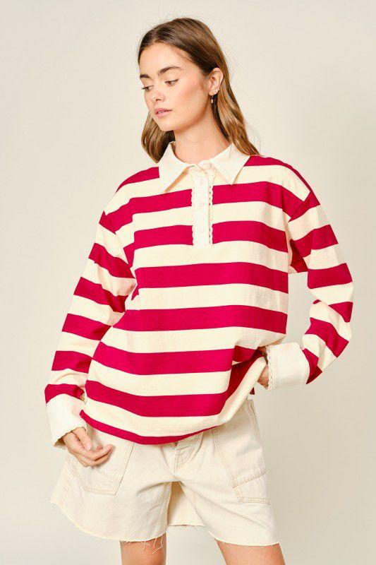 Striped Knit Top with Ruffle Collar