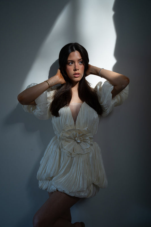 Mini Dress with Puffed Sleeves and Floral Detail