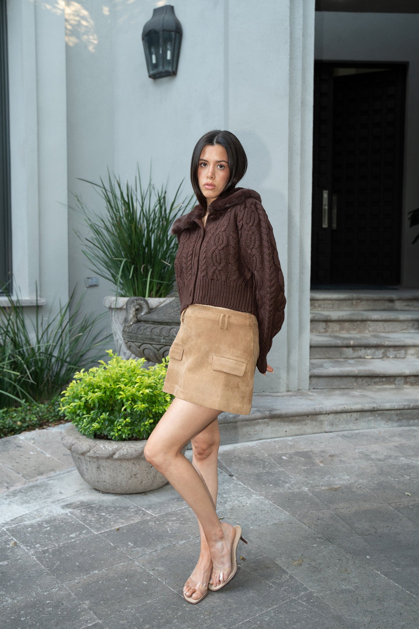 Brown Knit Cardigan with Fur Collar
