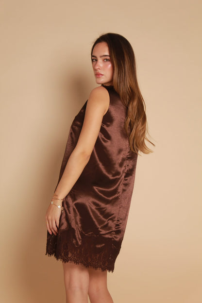 Satin Lace Dress — Chocolate Brown
