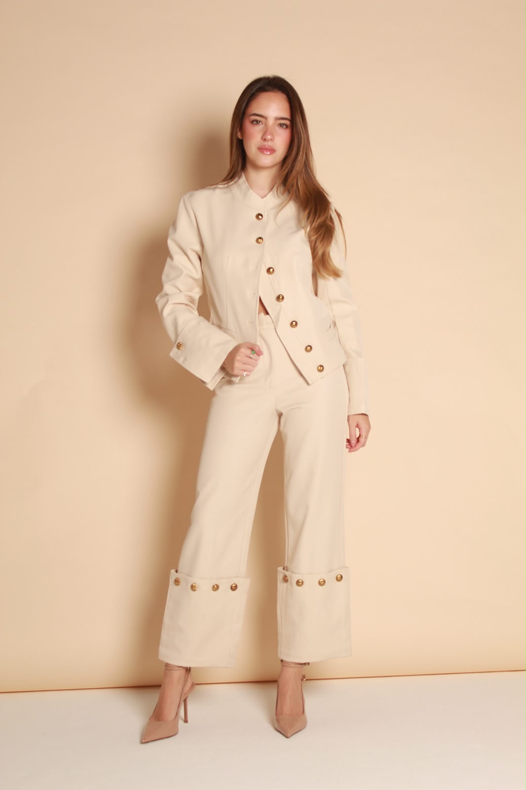 Aurelia Gold Button Cropped Blazer — Black & Ivory