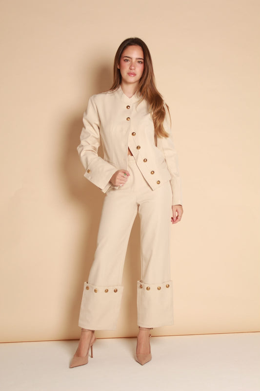 Mao-Collar Cropped Button Jacket — Black & Ivory