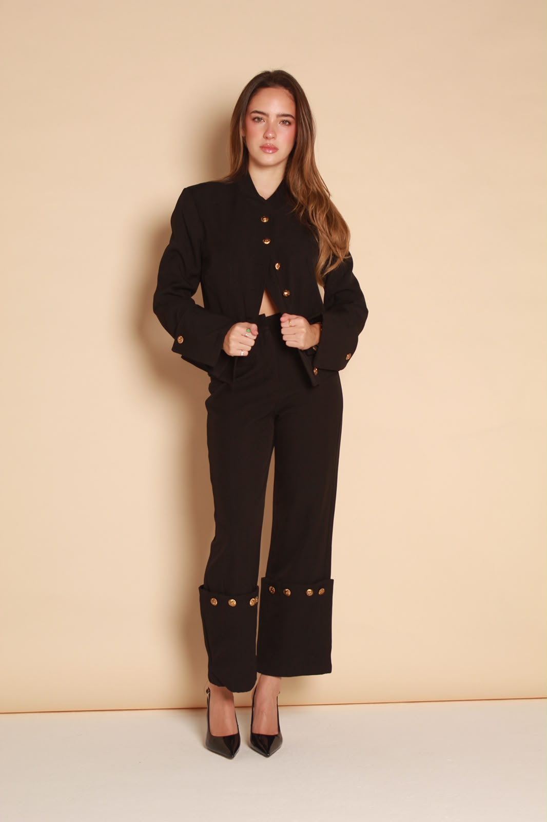 Aurelia Gold Button Wide Leg Pants — Black & Ivory