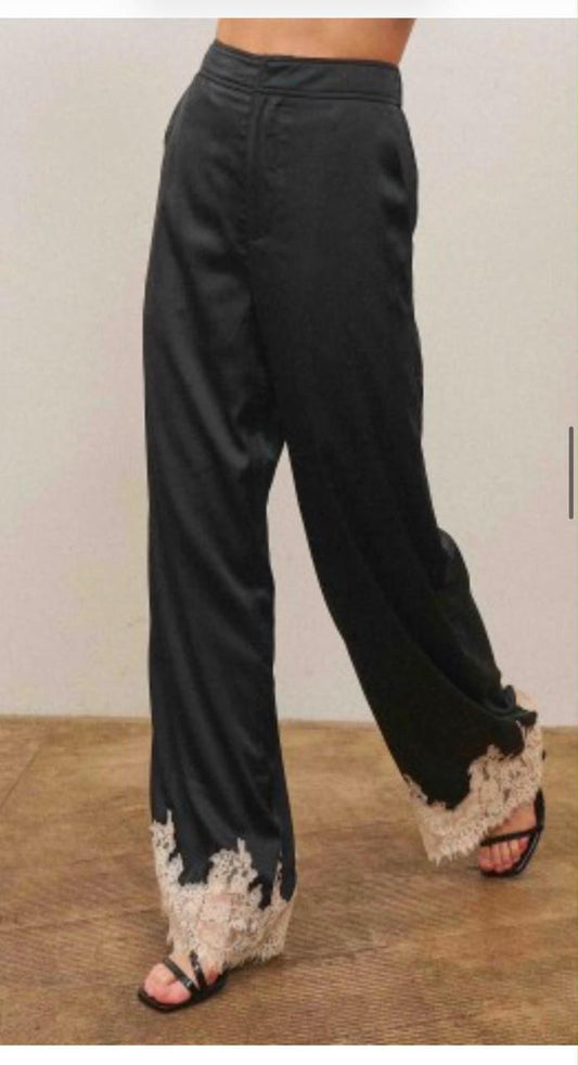 Camille Satin Lace Hem Pants — Black & Ivory