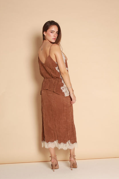 Luna Lace Midi Top — Camel & Dark Blue