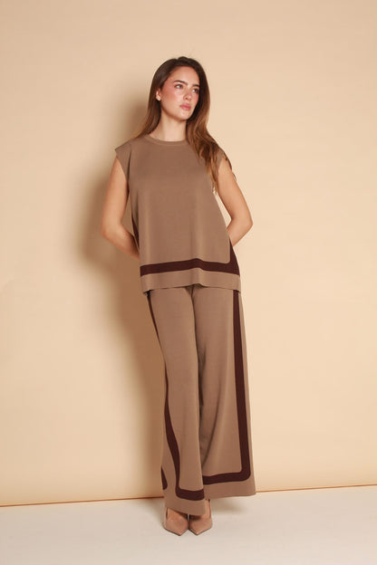 Contrast Knit Set — Taupe & Chocolate
