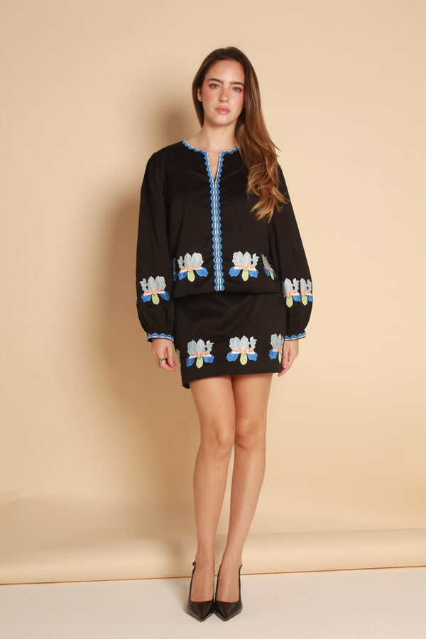 Amara Embroidered Blouse — Black & Blue Floral