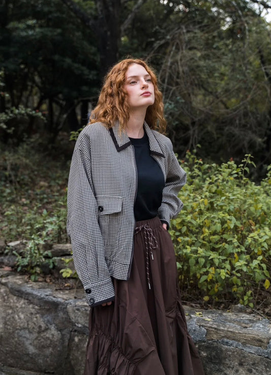 Contrast-Collar Houndstooth Boxy Jacket