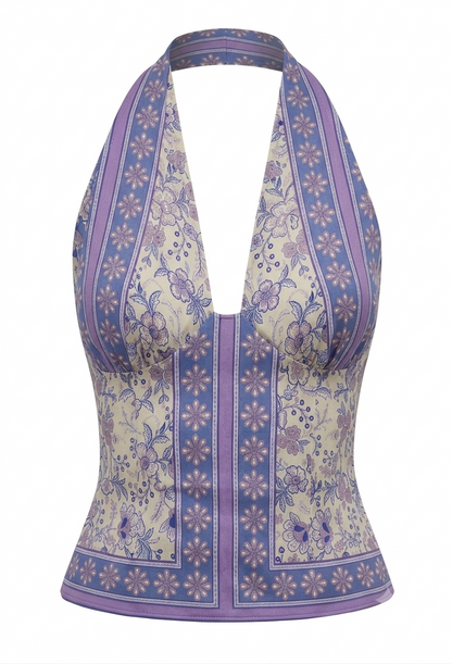 Provence Floral Halter Top – Escote en V con Estampado Pañuelo