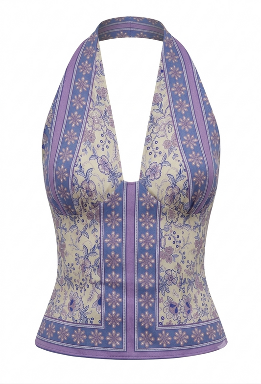 Provence Floral Halter Top – Escote en V con Estampado Pañuelo