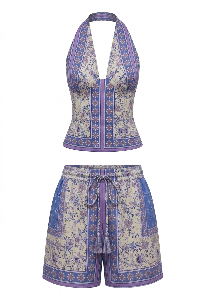 Provence Floral Shorts – Tiro Alto con Estampado Pañuelo