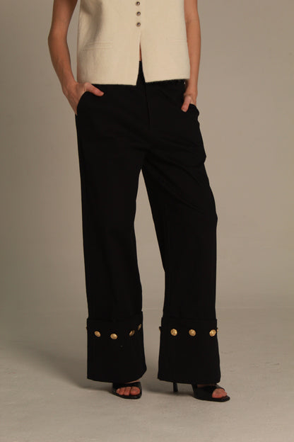 Noir Wide Leg Pants — Gold Button Cuff
