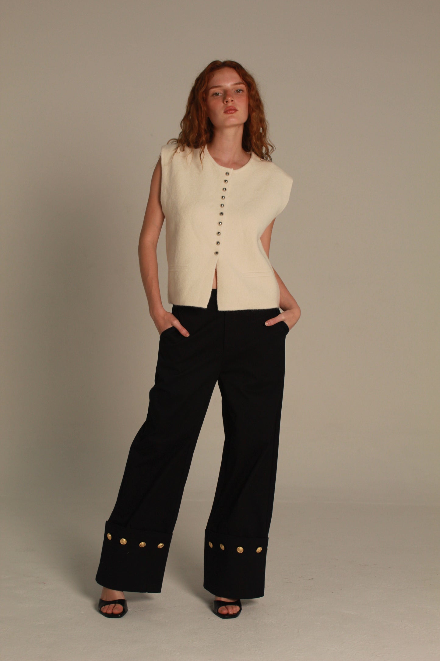 Noir Wide Leg Pants — Gold Button Cuff