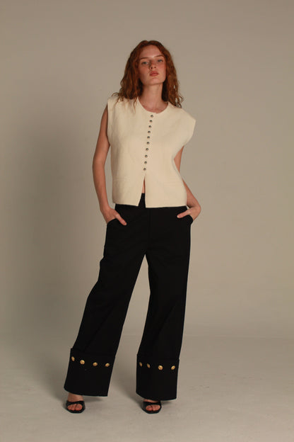 Noir Wide Leg Pants — Gold Button Cuff