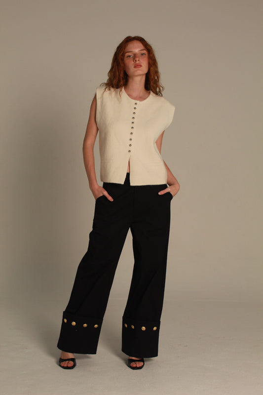 Noir Wide Leg Pants — Gold Button Cuff