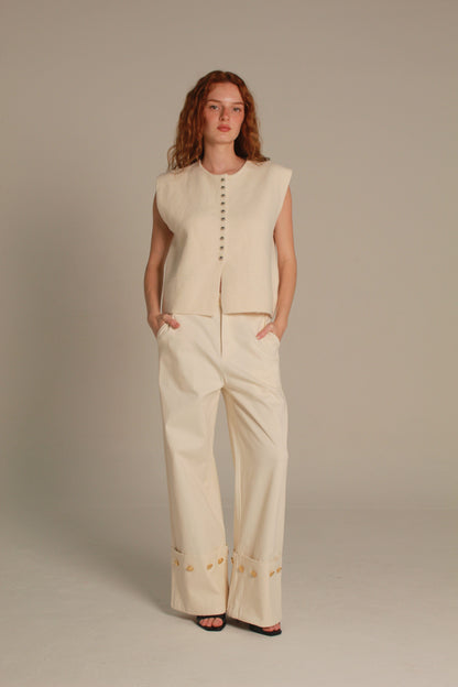 Noir Wide Leg Pants — Gold Button Cuff