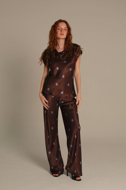 Café Satin Top — Chocolate & Blue Polka Dot