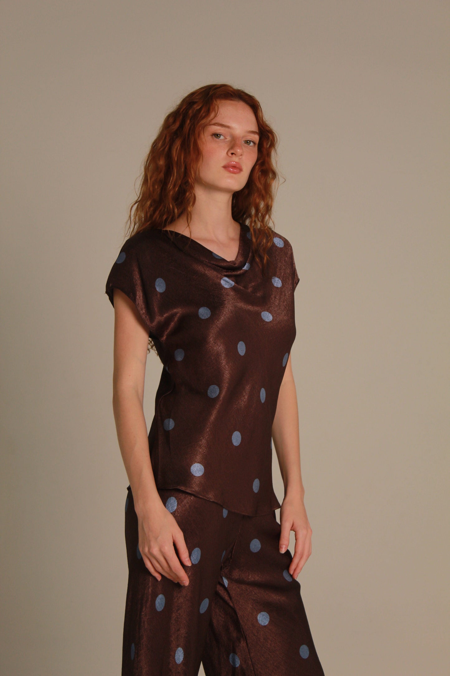 Café Satin Top — Chocolate & Blue Polka Dot