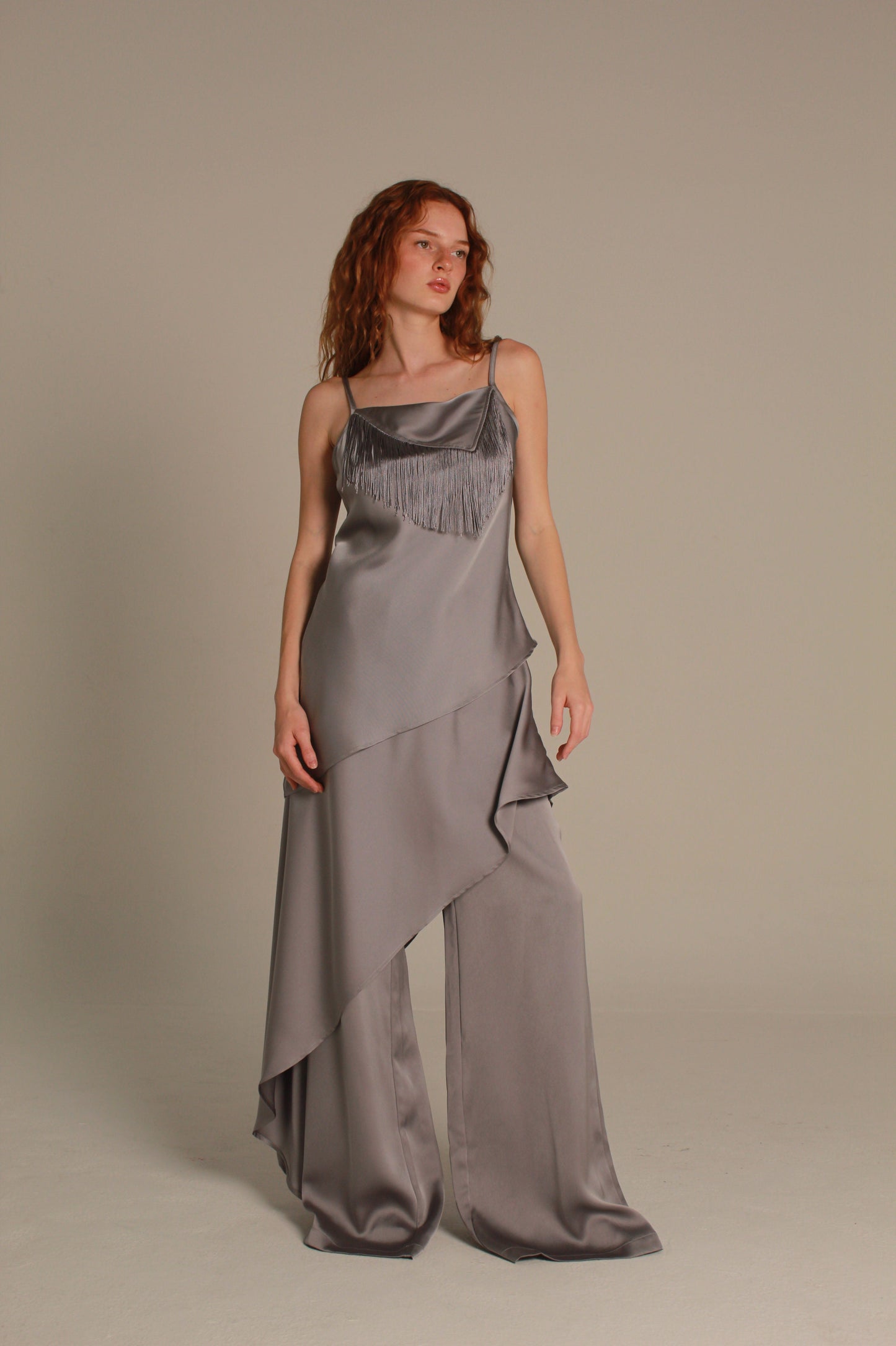 Marlowe Satin Blouse — Silver Grey Fringe
