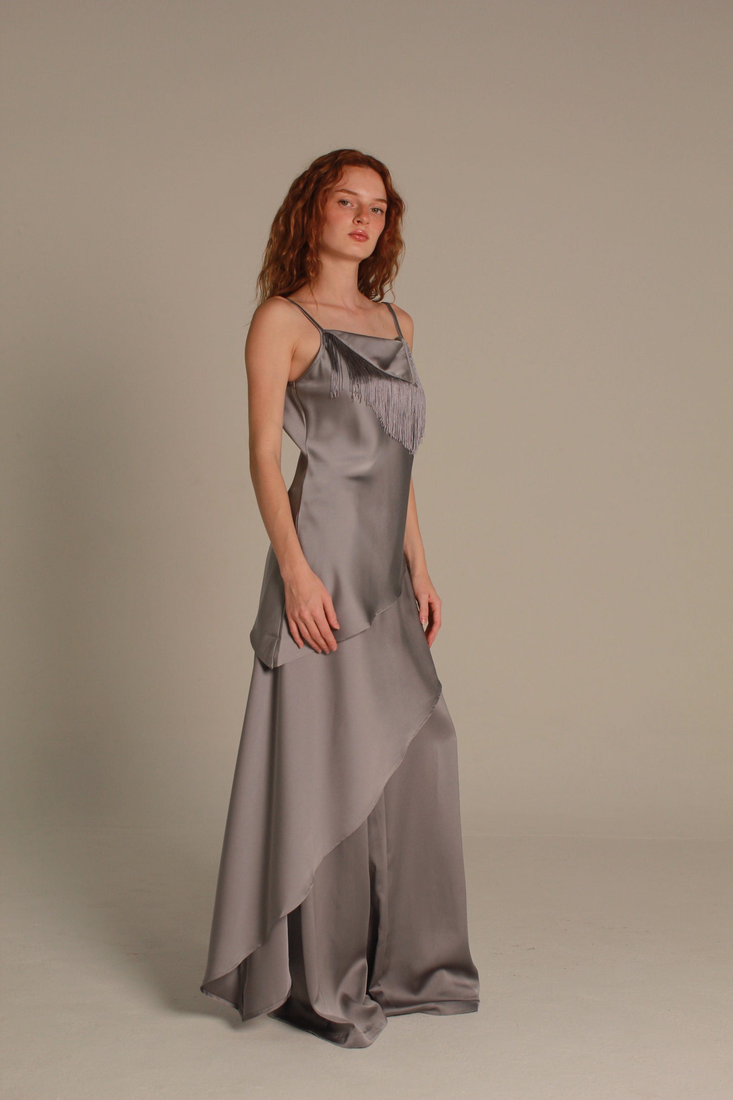 Marlowe Satin Blouse — Silver Grey Fringe