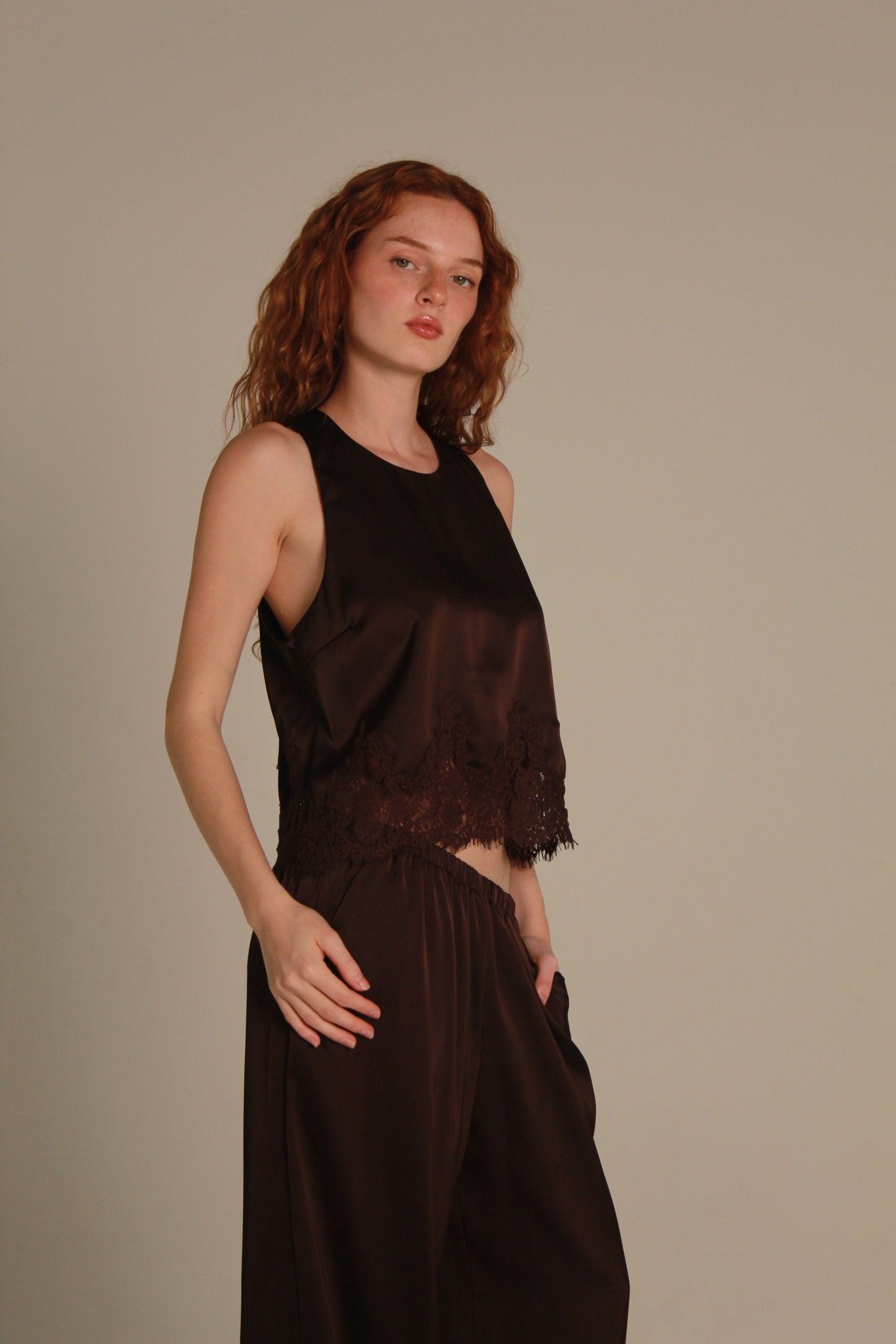 Satin lace mocha top