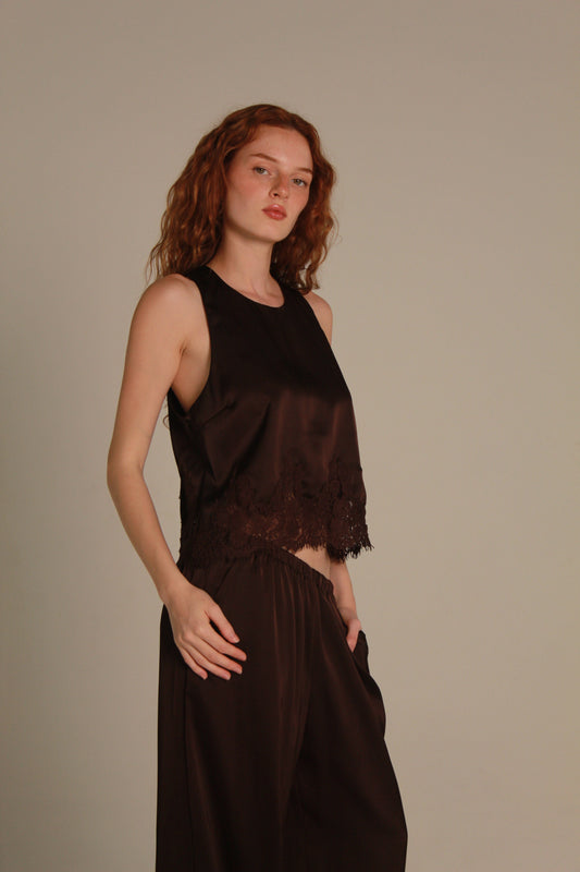 Umber Satin Top — Lace Hem Halter Neck