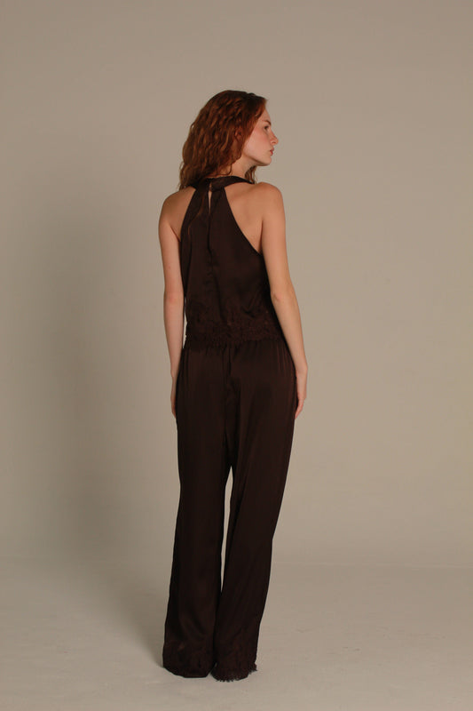 Umber Wide-Leg Satin Pants — Lace Hem