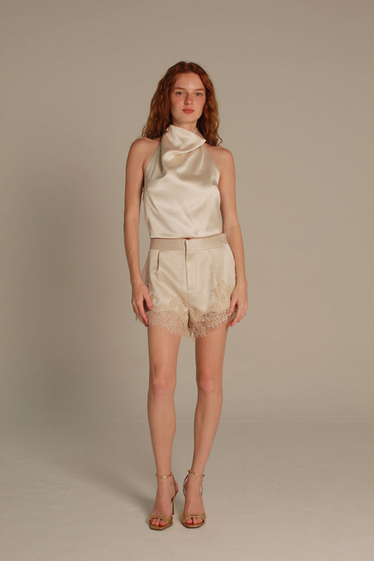 Satin Shorts — Lace Hem Detail