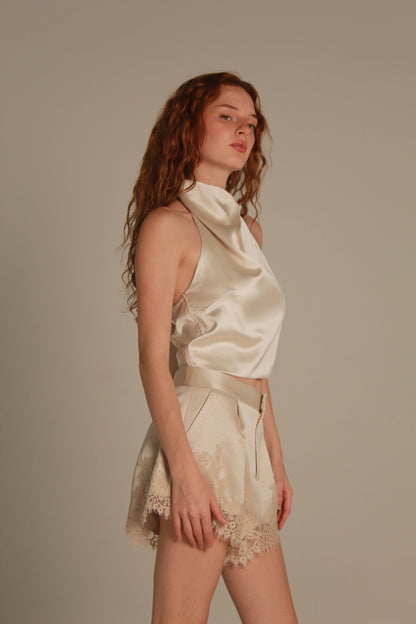 Désir Satin Top — Champagne Draped Neck
