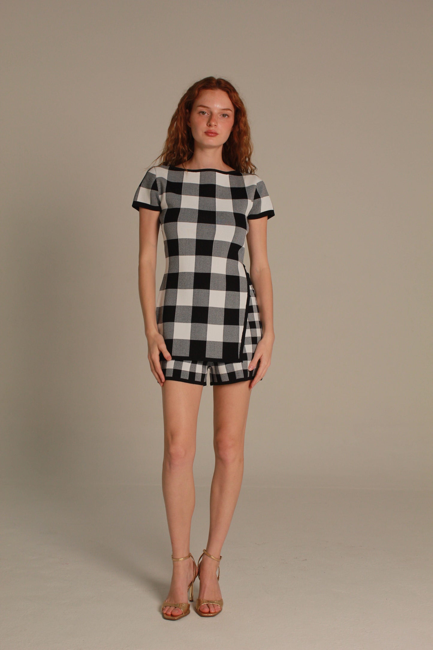 Gingham Knit Blouse — Black & Ivory Check