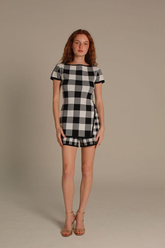 Gingham Knit Blouse — Black & Ivory Check
