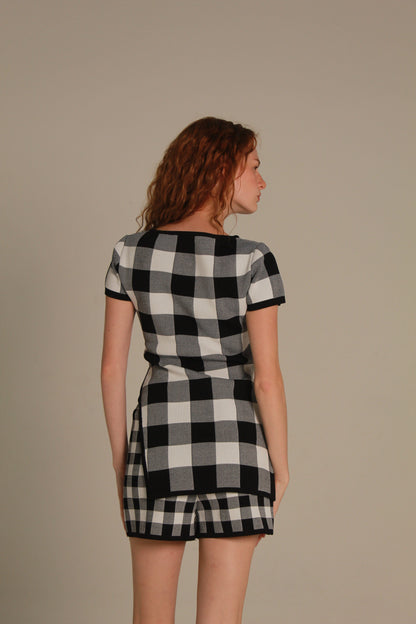 Gingham Knit Blouse — Black & Ivory Check