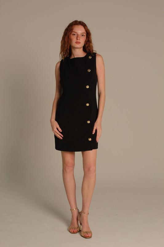 Côte Mini Dress — Black Sleeveless Shift with Gold Buttons