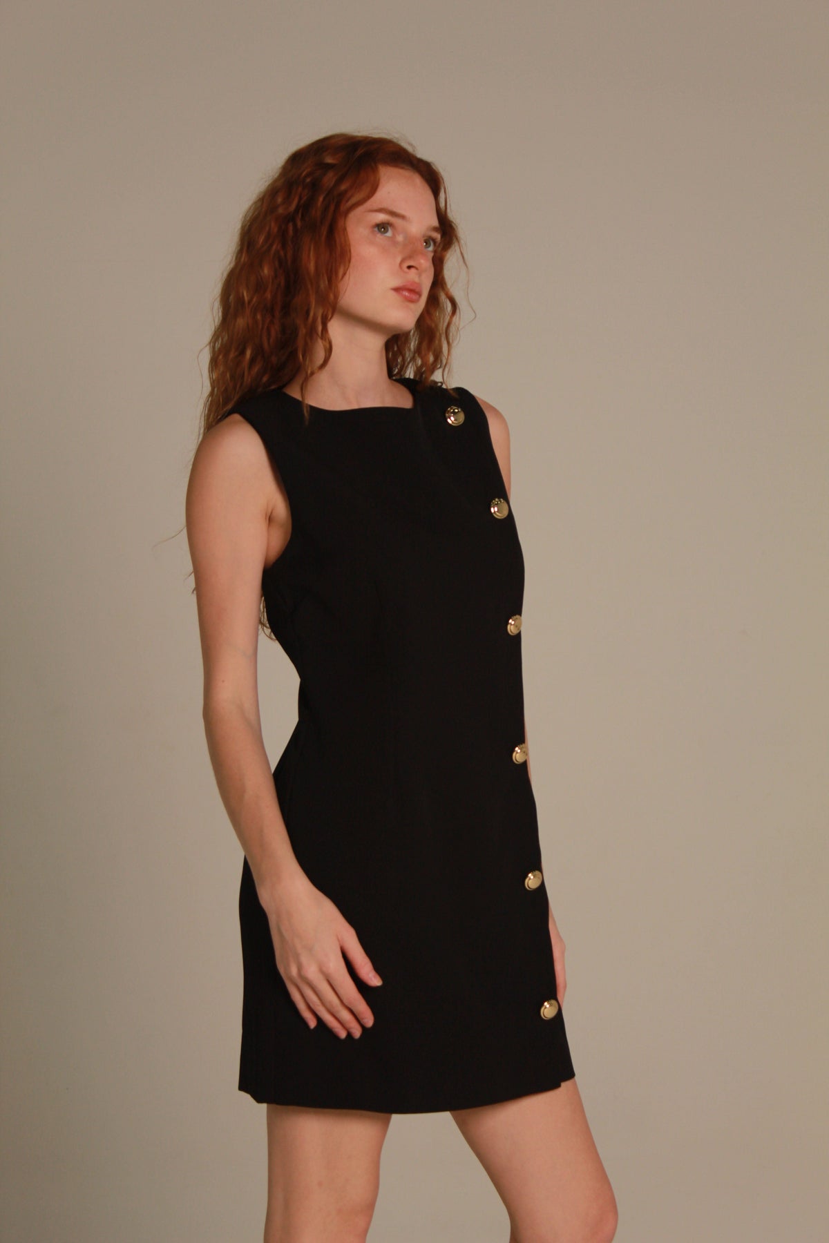 Côte Mini Dress — Black Sleeveless Shift with Gold Buttons