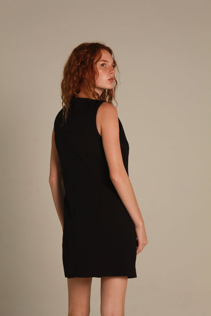 Côte Mini Dress — Black Sleeveless Shift with Gold Buttons